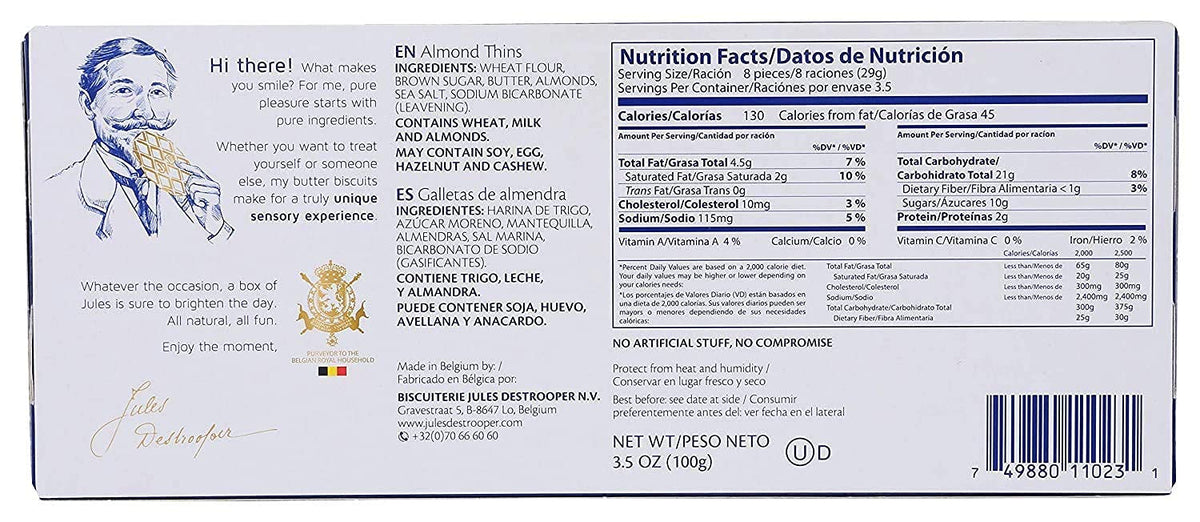 Jules Destrooper Almond Thins - Caramelized Butter Biscuits, Kosher Dairy, Authentic Made In Belgium - 3.5Oz (Pack Of 4)