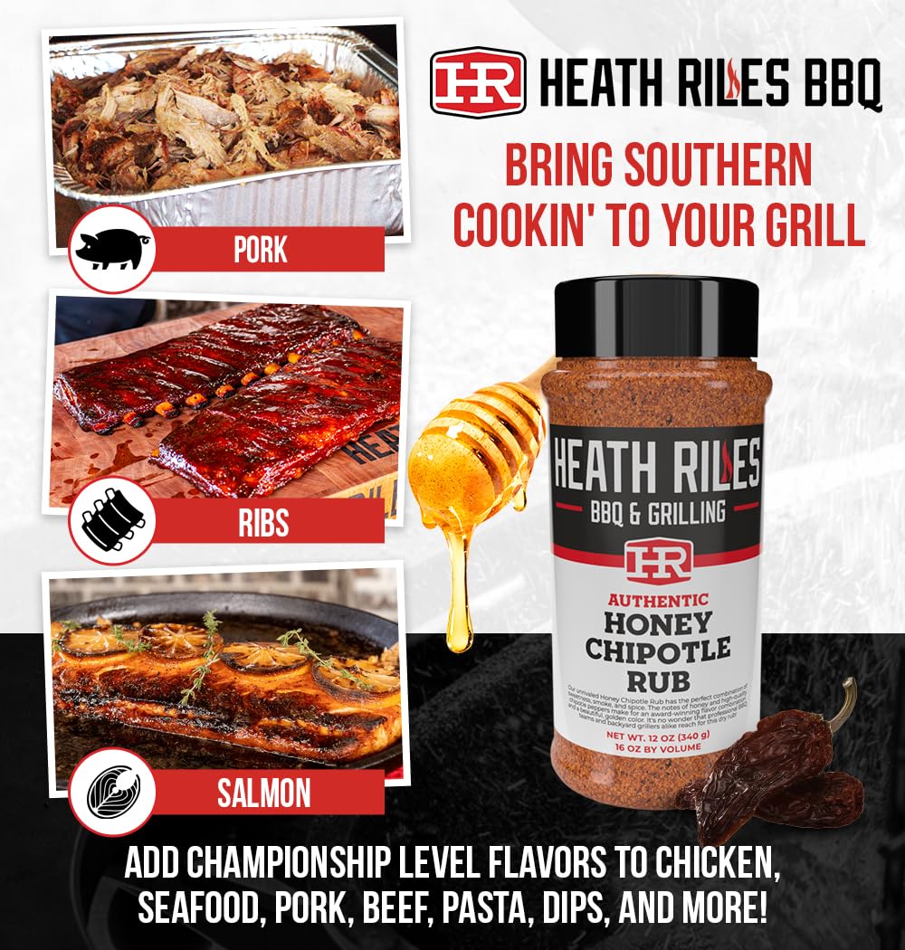 Heath Riles BBQ Rub - Honey Chipotle Seasoning, 12 oz, Light Brown, Champion Pitmaster Recipe for smoky aroma & Grilling