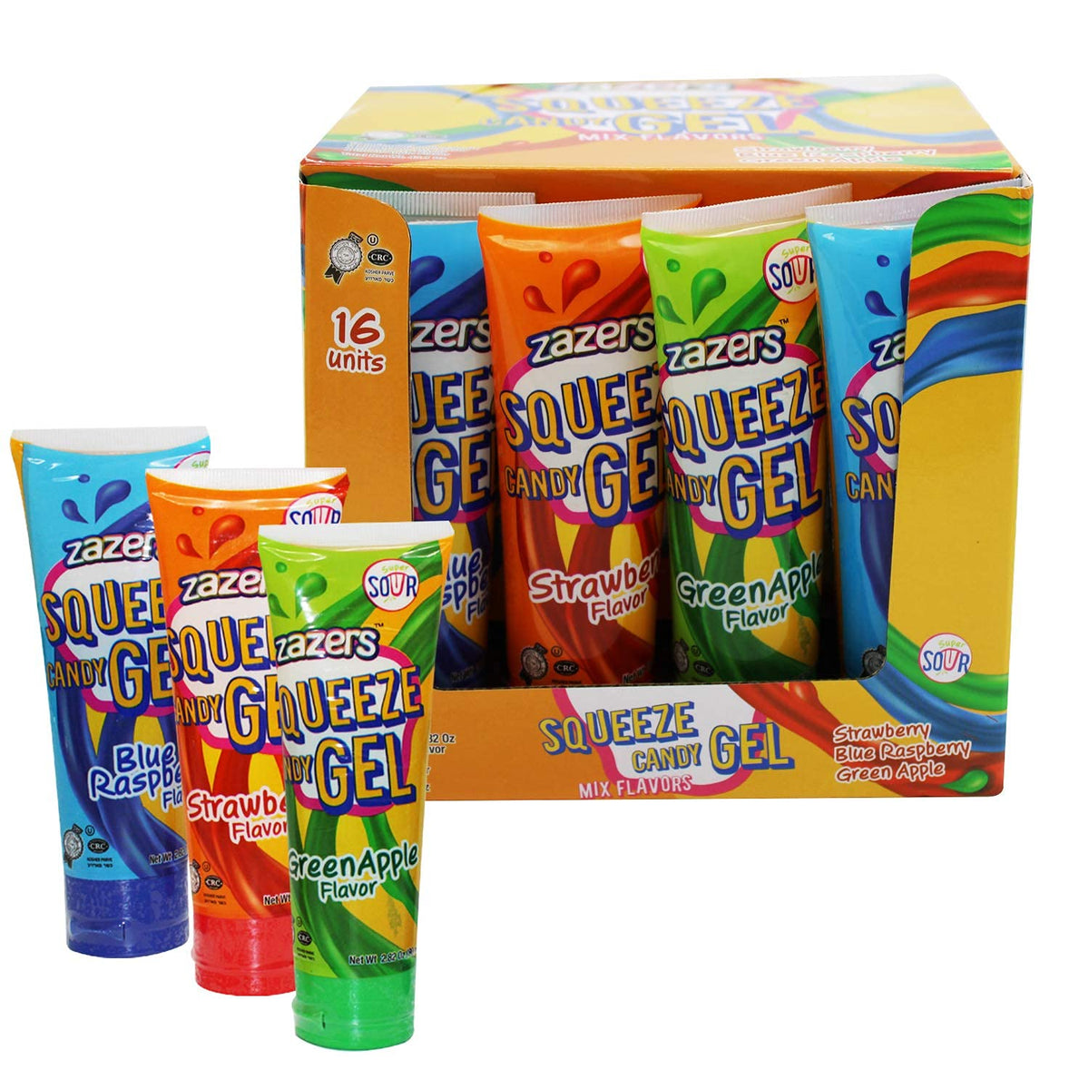 slime Sour Lickers Squeeze Gel Candy - 16 Pack Display Assorted Flavors, 8 Blue Raspberry 4 Green Apple and 4 Strawberry, Great