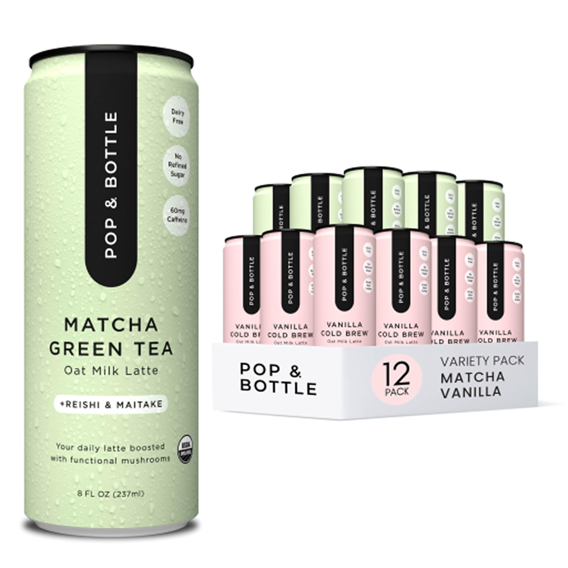 Pop & Bottle, Vanilla And Matcha Oat Milk Lattes - Reishi And Maitake Mushrooms, Green Tea, Cold Brew, Marine Collagen, Mct Oil, Organic, Dairy & Gluten Free, Vegan - 8 Fl Oz, (Pack Of 12), 6 Each