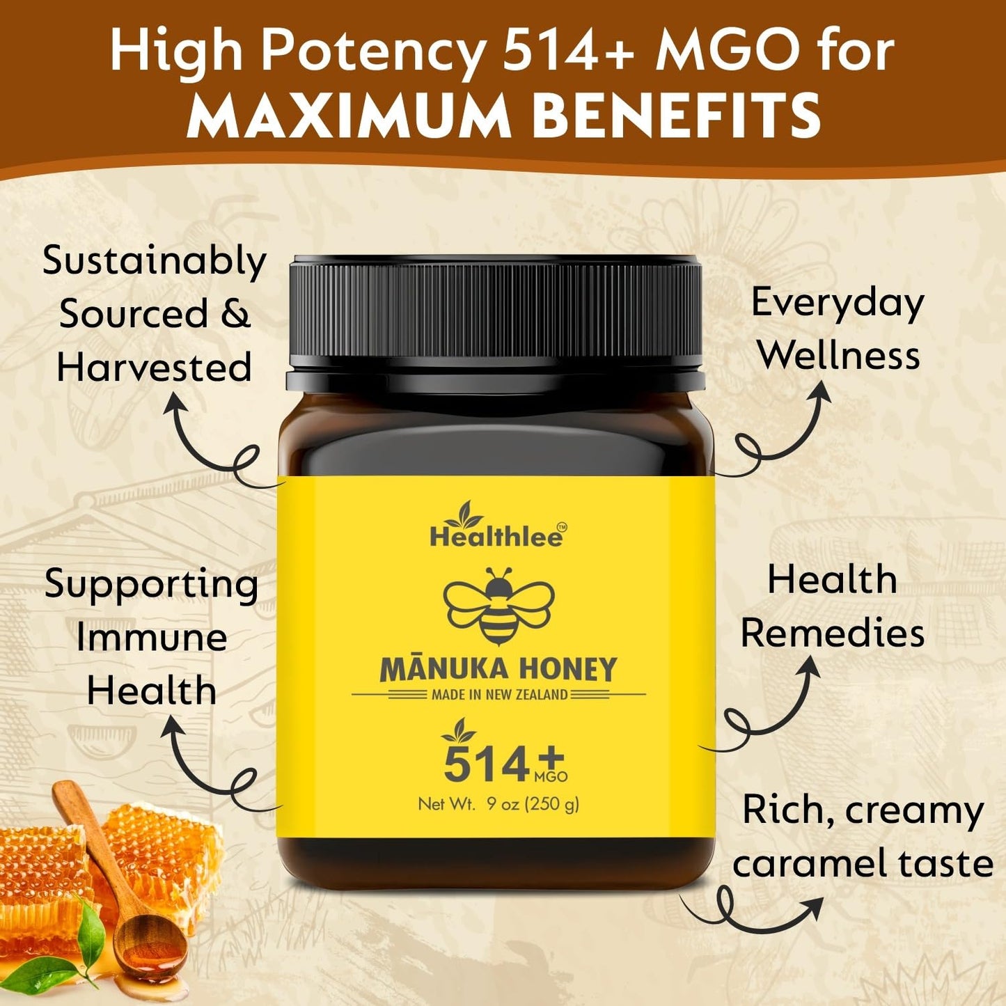 Healthlee Manuka Honey 514+ MGO, High Grade Monofloral, 8.8oz (250g)