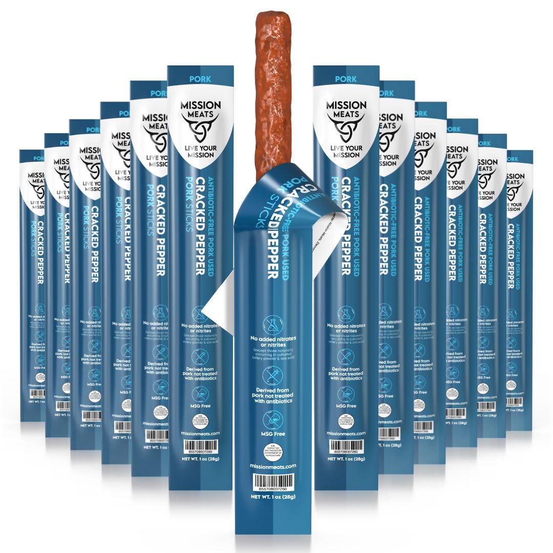 Mission Meats Cracked Pepper Pork Meat Sticks - Sugar Free, AIP Friendly, Paleo, 1oz (Pack of 72)