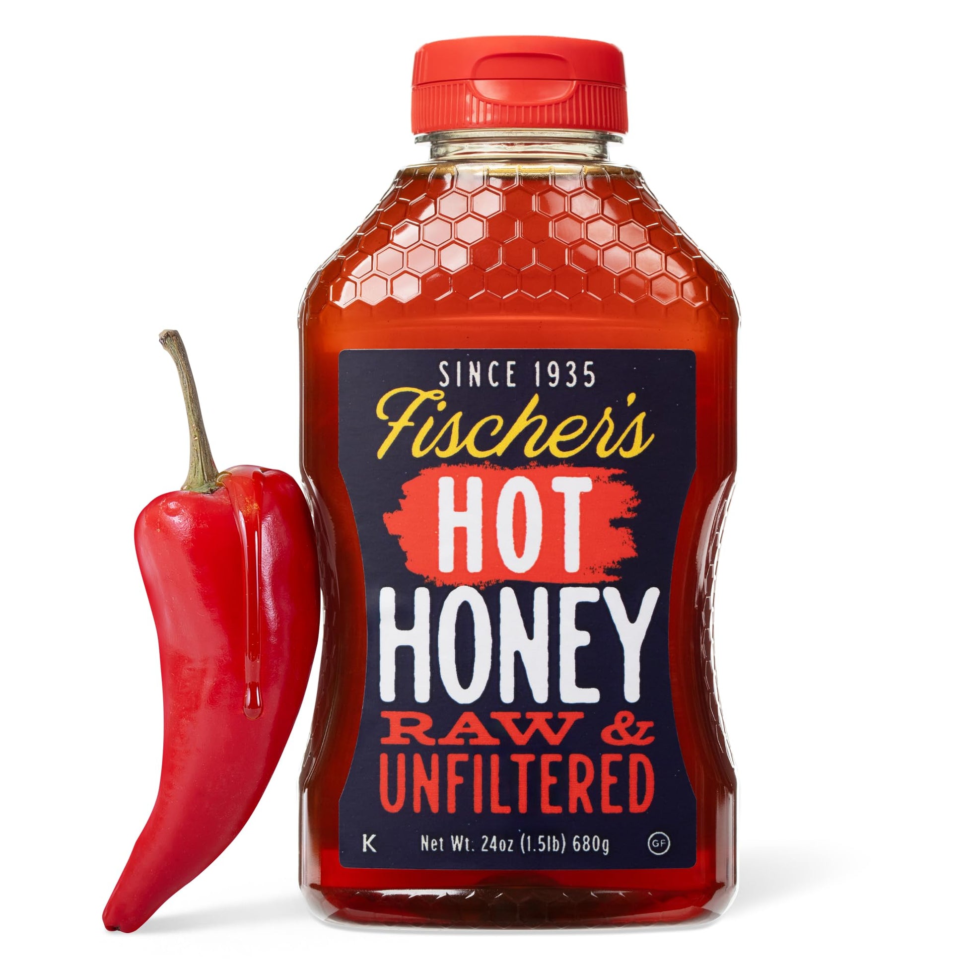 Fischers Hot Honey, 24 Oz - 100% Raw Unfiltered Honey Infused with Hot Pepper - Chefs Choice - Spicy Kick for Pizza, BBQ, Frie