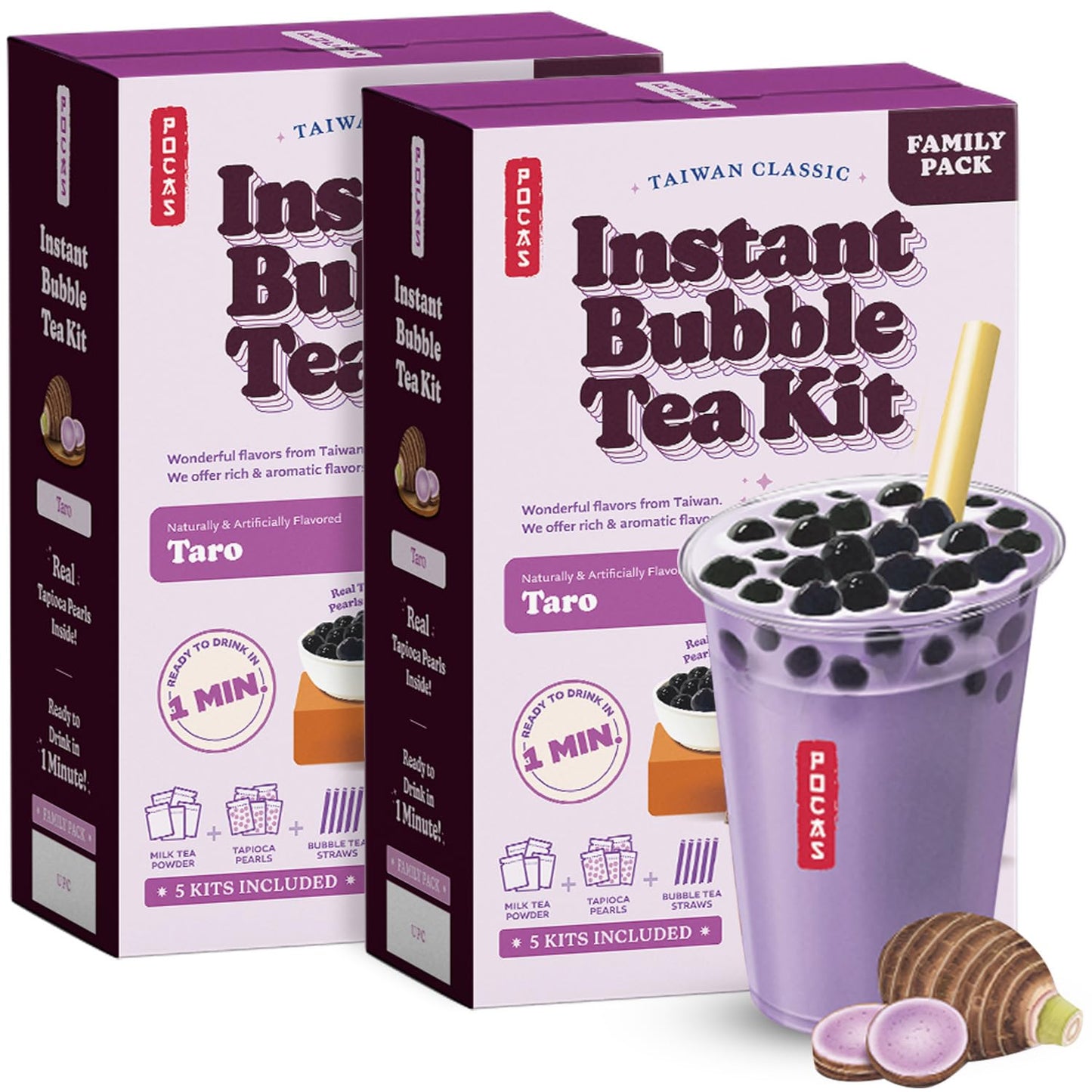Pocas Bubble Tea Kit, Taro 2-Pack – Instant Milk Tea Powder With Authentic Tapioca Pearls For Instant Bubble Tea, 10 Kits