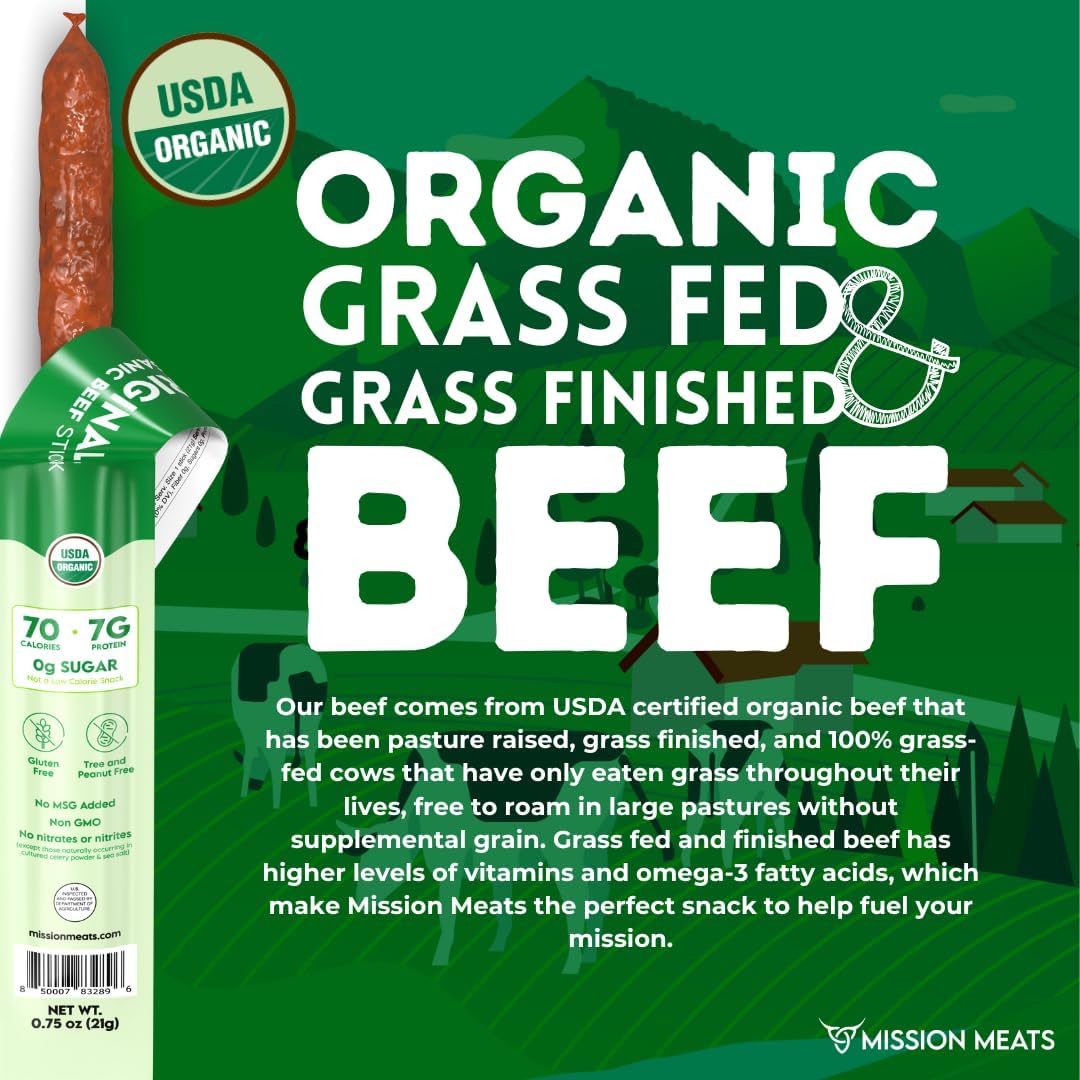 Mission Meats 100% Certified Organic Beef Sticks - Pasture-Raised  Zero Sugar  Non-GMO  Healthy Individually Wrapped Meat Sticks Snack  0.75oz (24 Count)