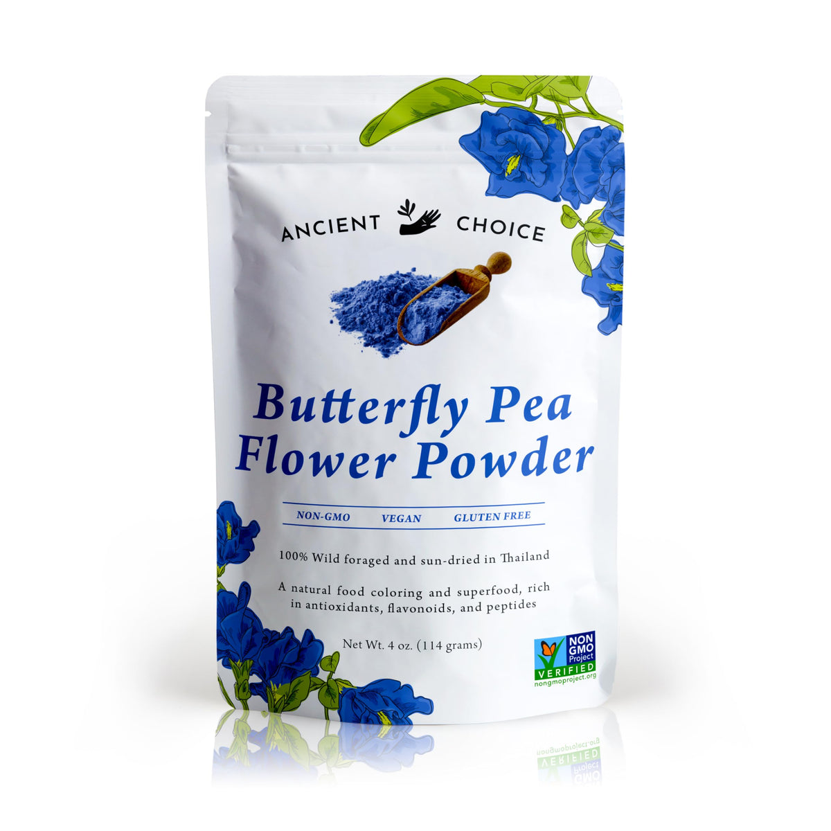 Ancient Choice - Butterfly Pea Flower Powder (4 ounce) | Blue Matcha Tea | Ceremonial (Highest) Grade | Adaptogenic Raw Culinary | Natural Food Coloring | Thai Non-GMO | Vegan