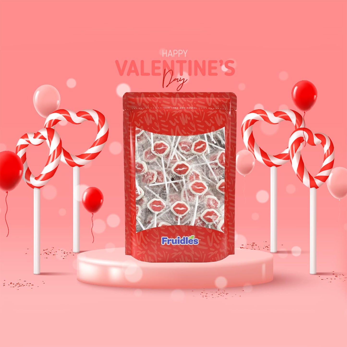 Fruidles Valentine'S Red Lips Tattoo Lollipop Sucker, White Lip Shaped Lollipop With Red Lips, Individually Wrapped Candy (2 Pounds)