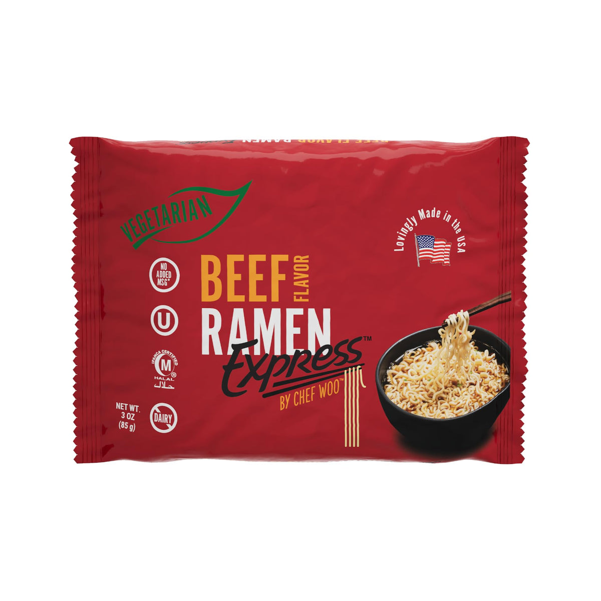 RAMEN EXPRESS Beef Flavor Ramen Noodles, Vegetarian, No MSG, Halal, Egg-Free, Dairy-Free, 3 Oz Each, Pack of 24