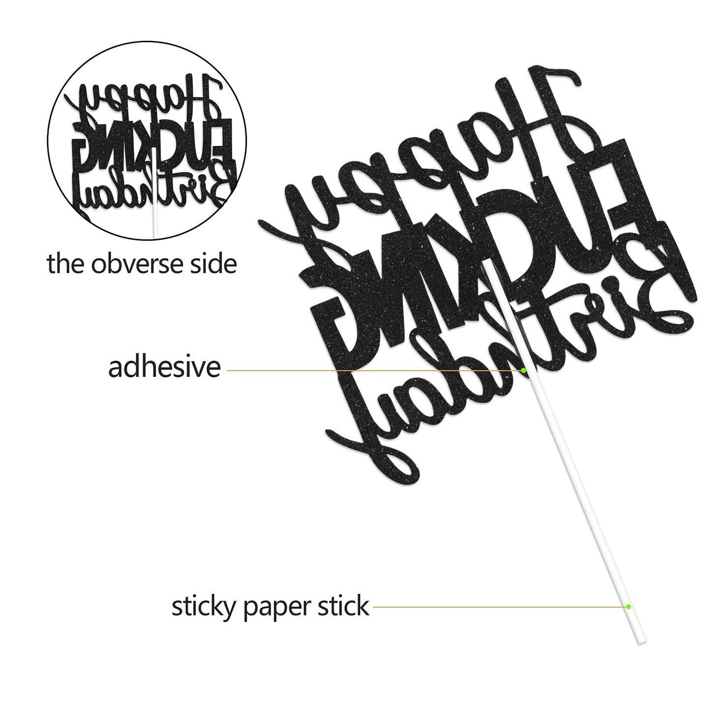 Caiwowo Birthday Cake Topper - Black Glitter Paper Decoration for mature-themed Parties