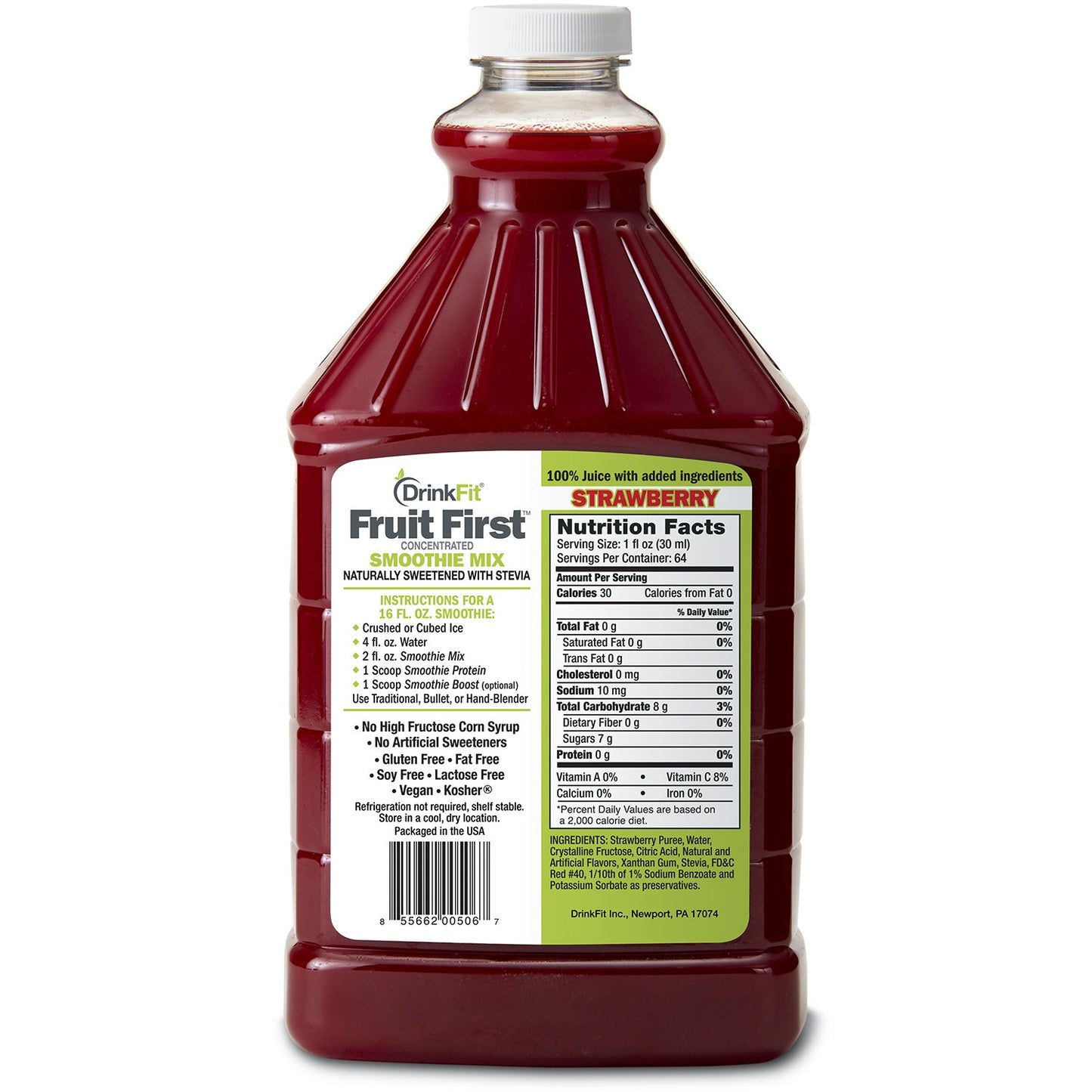 DrinkFit Fruit Smoothie | Real Fruit Puree, Low Sugar, Gluten-Free & Non-GMO, Strawberry Smoothie Mix - Makes 32 Smoothies, 64 F