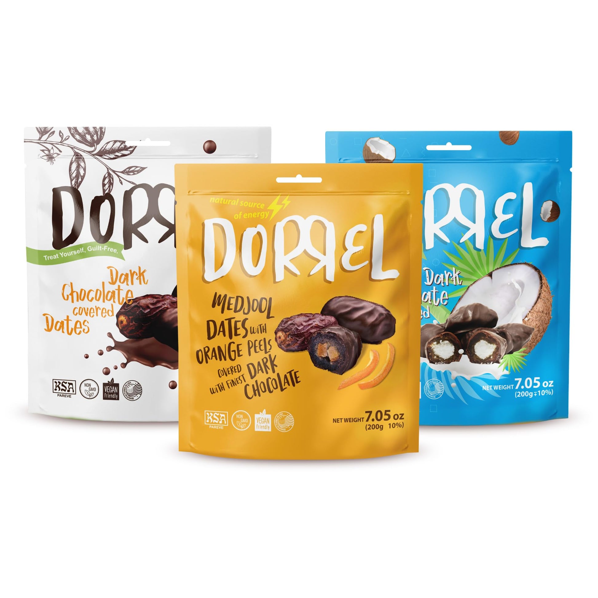 Dorrel - Trio Bundle Pack: Belgian Dark Chocolate Covered Dates (Medjool) + Chocolate Dates With Candied Orange Peels & Coconut Stuffing  High Energy Choco Snack Kosher & Non-Gmo Pack Of 3  7.05 Oz Ea