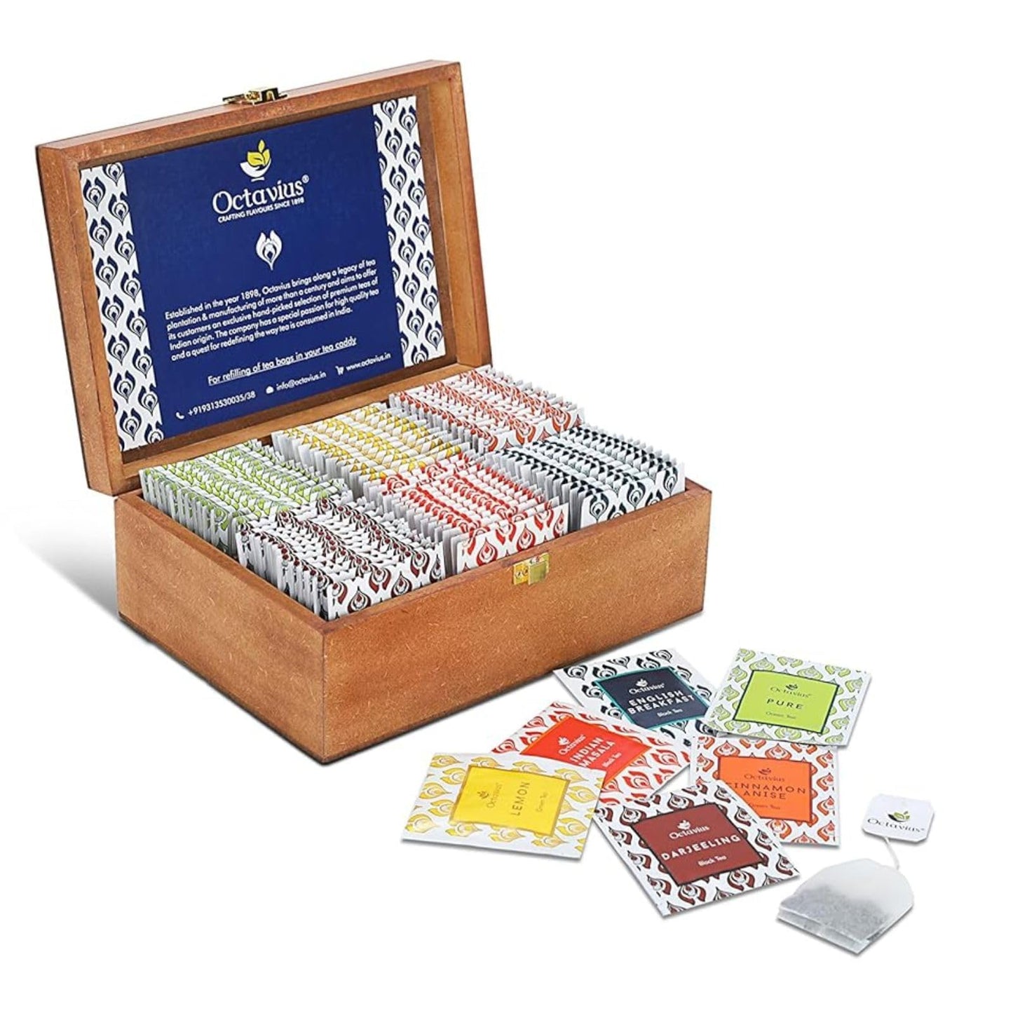 Octavius Gifts Select - Assorted Tea In Multi Design Printed Wooden Box | 6 Flavors, 90 Tea Bags | Black & Green Tea | Tea Gifts For Women & Men | Tea Variety Pack