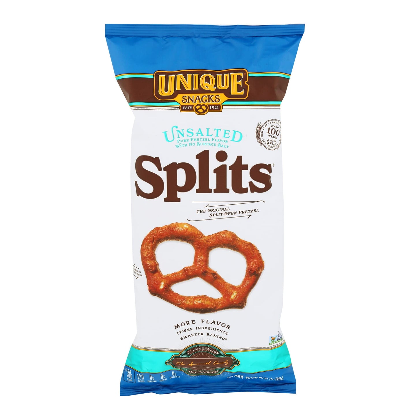 Unique Snacks Unsalted Splits Pretzels, 11 oz Bag (Pack of 6), Certified OU Kosher, Non-GMO, Homestyle Baked