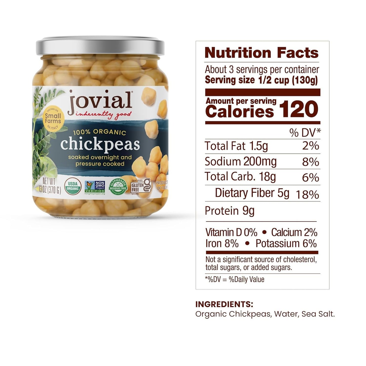 Jovial 100% Organic Chickpeas - No Saturated Fat, Gluten Free, Recyclable Glass, Great Source of Fiber, No Additives or Preserva