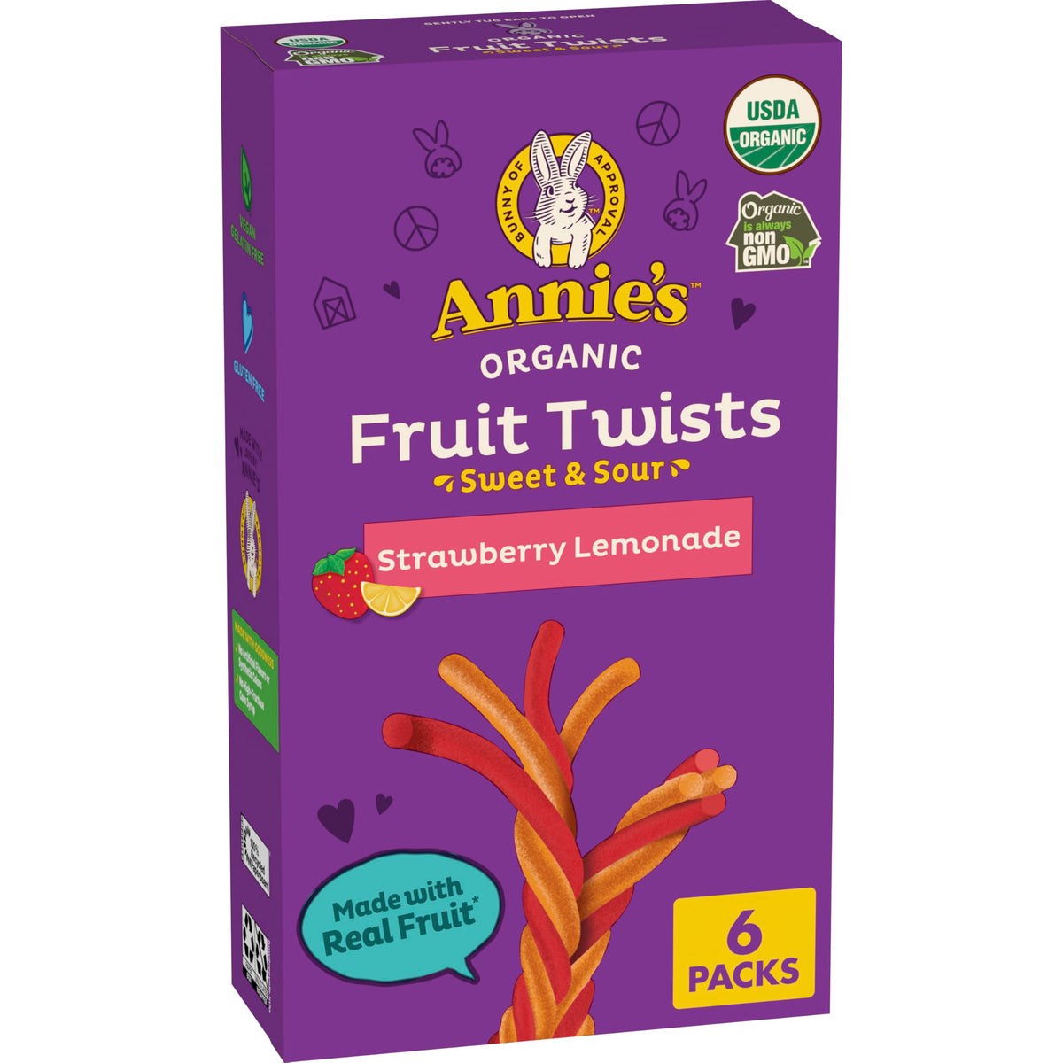 Annies Organic Sweet and Sour Fruit Twists, Strawberry Lemonade Fruit Flavored Snacks, 6 Count, 3.84 oz