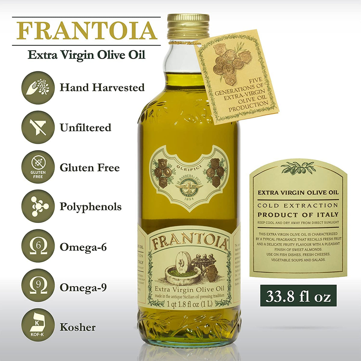 Frantoia Extra Virgin Olive Oil From Italy - Fruity, Unfiltered, Cold Extracted Authentic Sicilian Olive Oil - Fresh Harvest, Imported From Italy - 33.8 Fl Oz - Pack Of 2