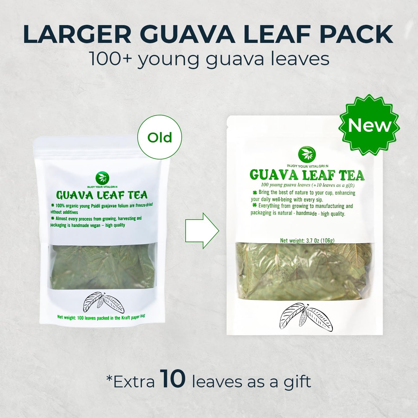 INJOY YOUR VITALGRI:N Young Guava Leaf Tea, 100+ Dried Whole Leaves, Caffeine Free, 3.39 oz, Vacuum Sealed, Herbal Tea