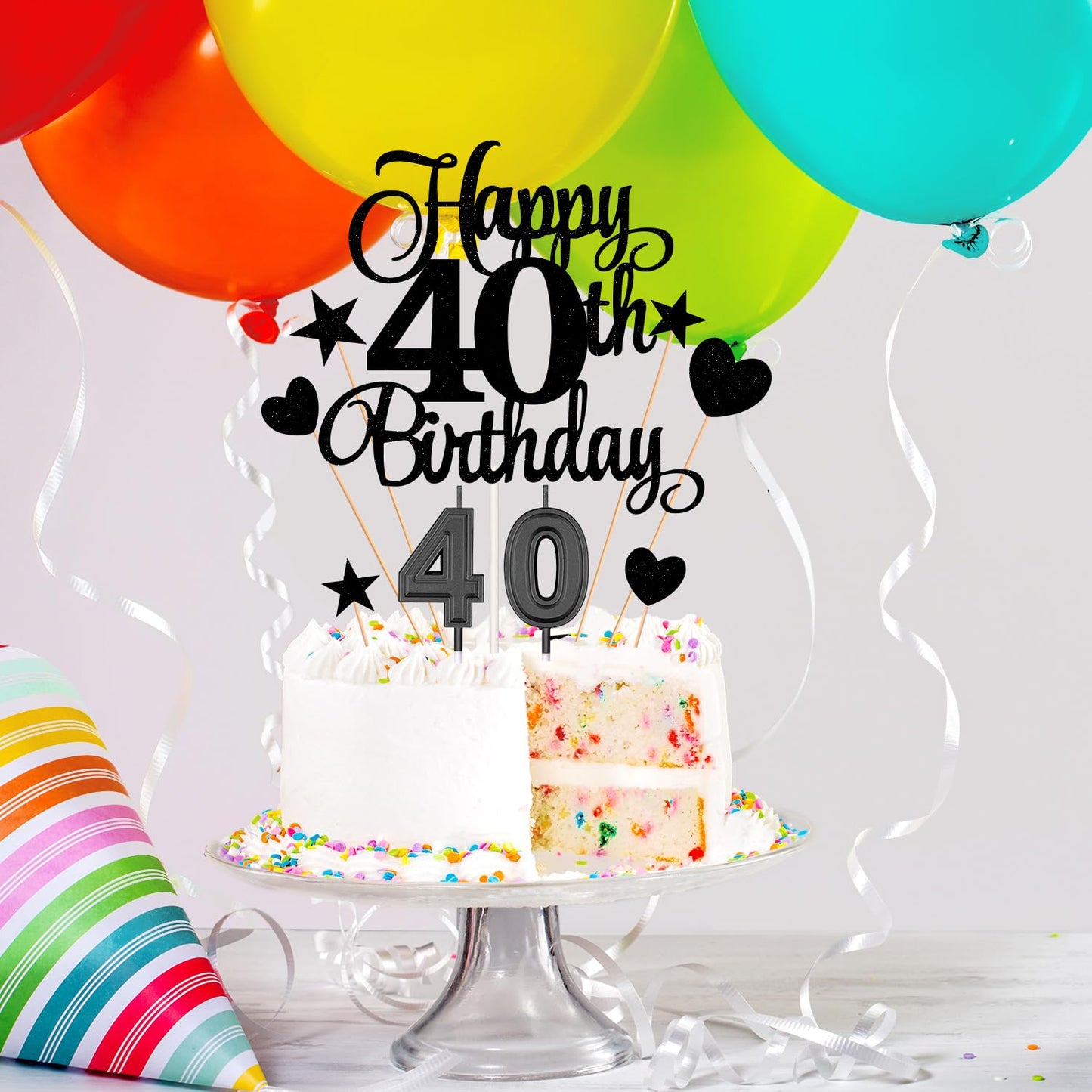 HOGRTi 40th Birthday Cake Decorations Set, Black Series, Paper Candles & Toppers, Numeral 40, Heart & Star Cupcake Picks