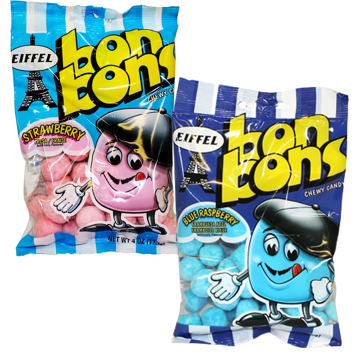 Eiffel Bon Bons Variety 2 Pack  4 Ounce Each (Pack of 2) Blue Raspberry & Strawberry  Chewy Candy Snack  The Hampton Popcorn & Candy Company