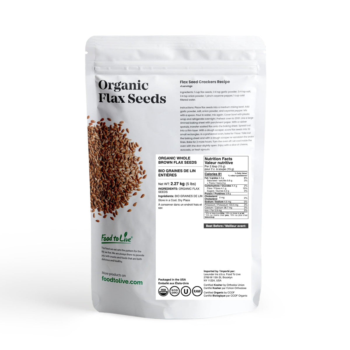 Food to Live Organic Brown Flax Seeds, 5 Pounds - Whole Raw Flaxseeds, Non-GMO, Unroasted, Dried, Kosher, Vegan. Rich in Omega-3