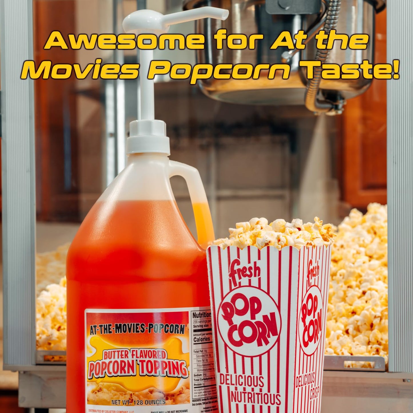 At-The-Movies-Popcorn Buttery Flavor Popcorn Topping Gallon with Pump - 8 lb Pack of 24, Plastic
