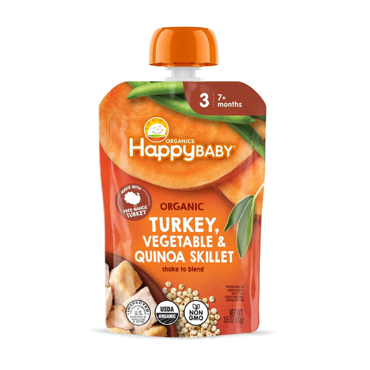 Happy Baby Organics Savory Blends Stage 3 Baby Food Puree, Free Range Turkey, Harvest Vegetables & Quinoa Skillet, 3.5 Ounce (Pa