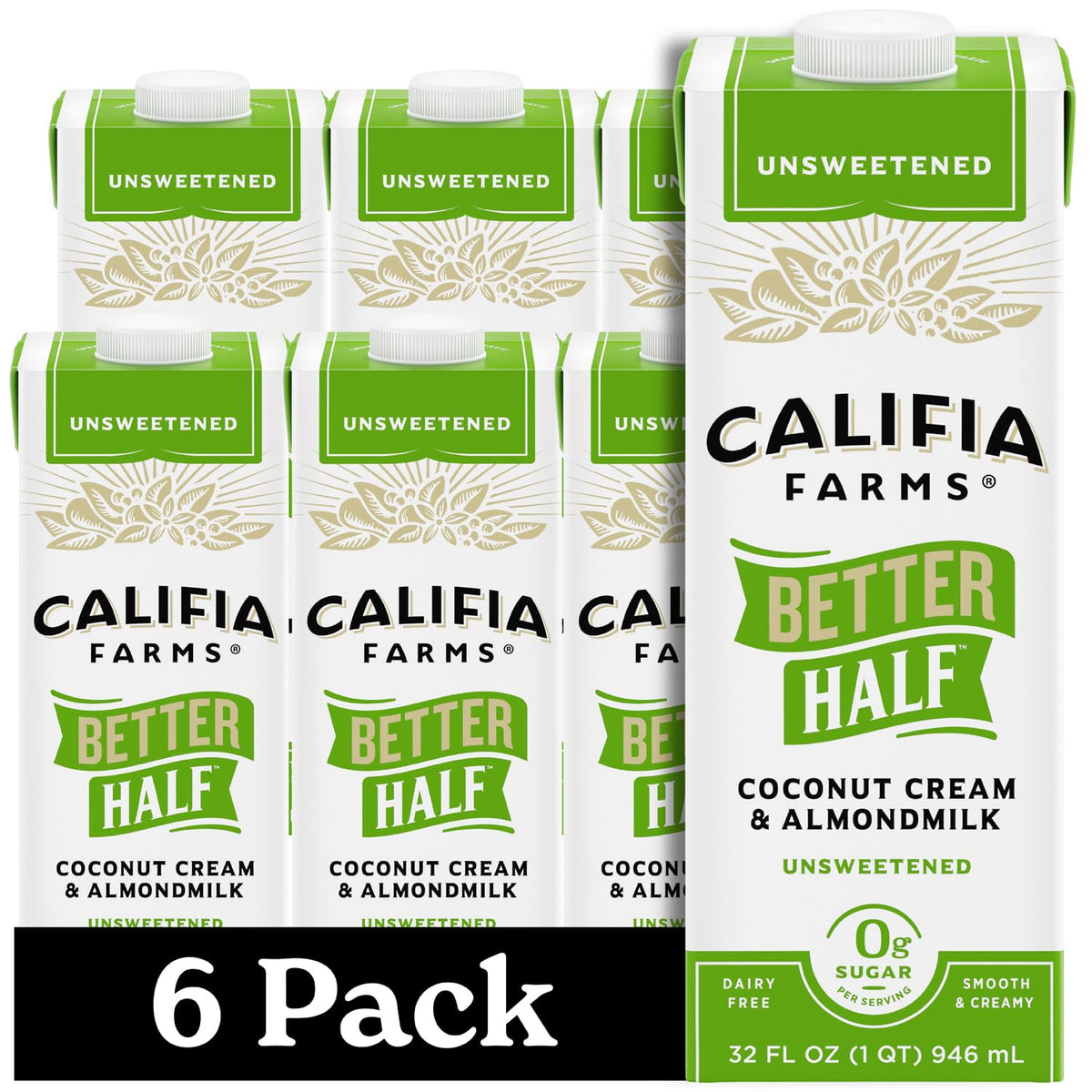 Califia Farms - Unsweetened Better Half, Half and Half Substitute, 32 Oz (Pack of 6), Almond Milk, Coconut Cream, Coffee Creamer