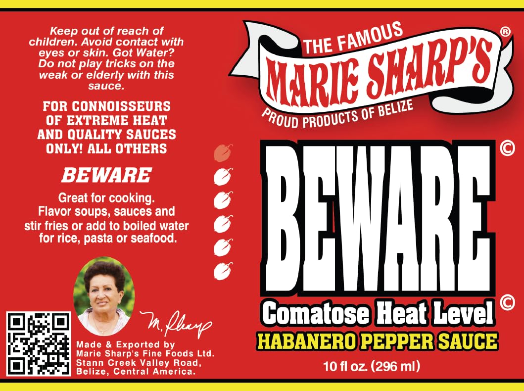 Marie Sharps BEWARE Comatose Heat Level Habanero Pepper Sauce, 10 oz | Extreme Heat Hot Sauce from Belize | All-Natural, No Pres