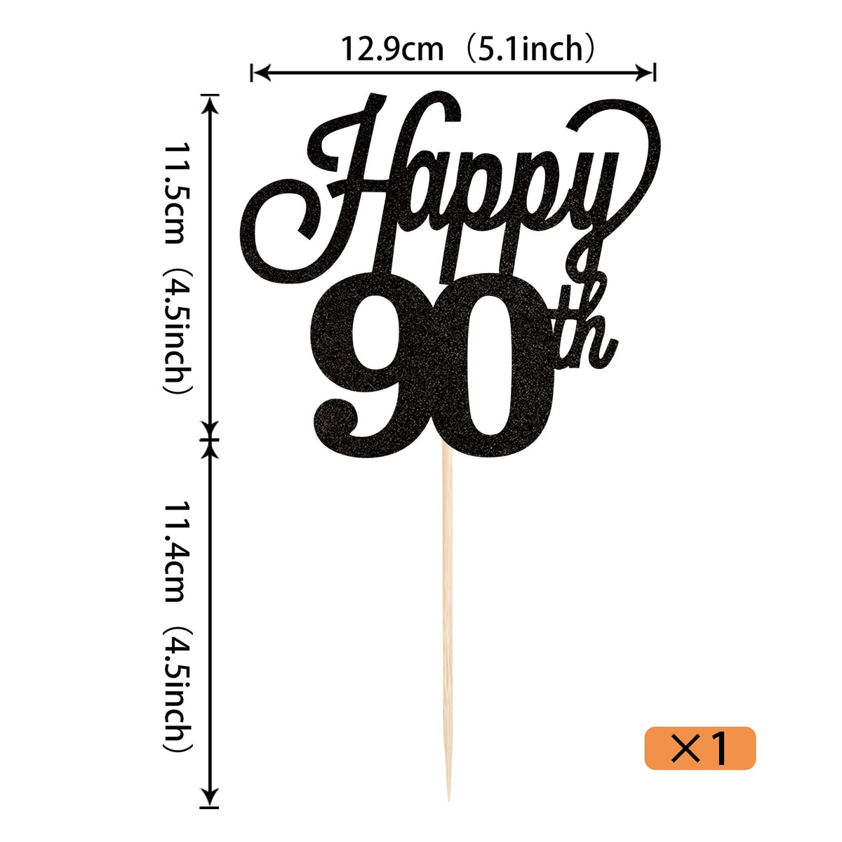 YCTHUNFISH 90th Birthday Cake Topper Black Glitter Bamboo Decoration for 90th Anniversary Party Supplies