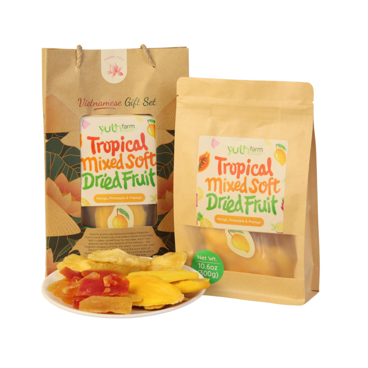 Yuth Farm Natural Soft Dried Fruit Gift Set 300g (10.6 Oz) (Tropical Mixed (Mango, Pineapple, Papaya))
