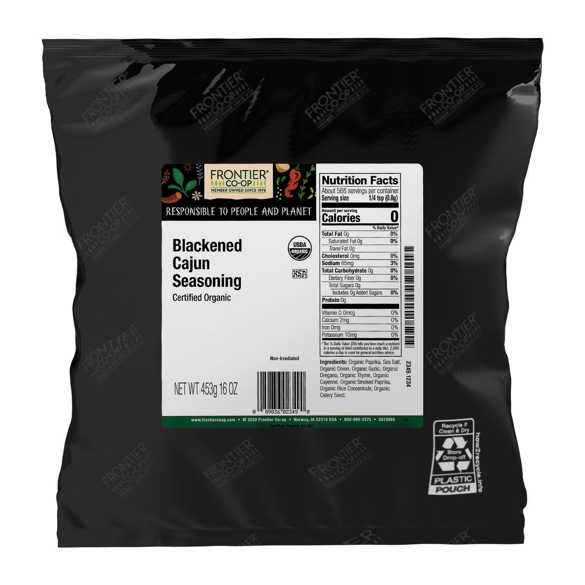 Frontier Co-Op Organic Blackened Cajun Seasoning  1Lb Bulk Bag - Bold  Smoky Spice Blend With Cayenne And Paprika For Seafood  Grilling  Snacks  Restaurant Supply | 16 Ounce (Pack Of 1)