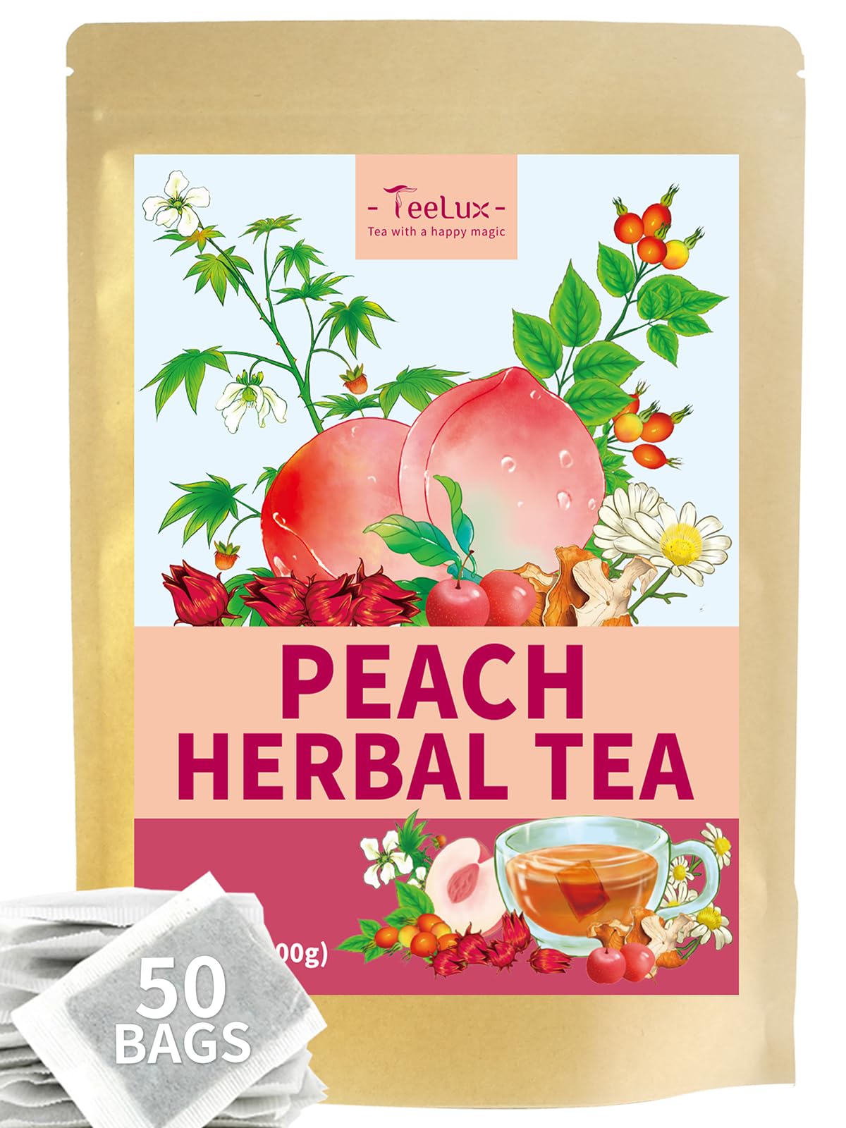 TeeLux Herbal Tea Bags, Peach Flavor with Rosehips, Hibiscus & Chamomile, Caffeine Free, 50 Count