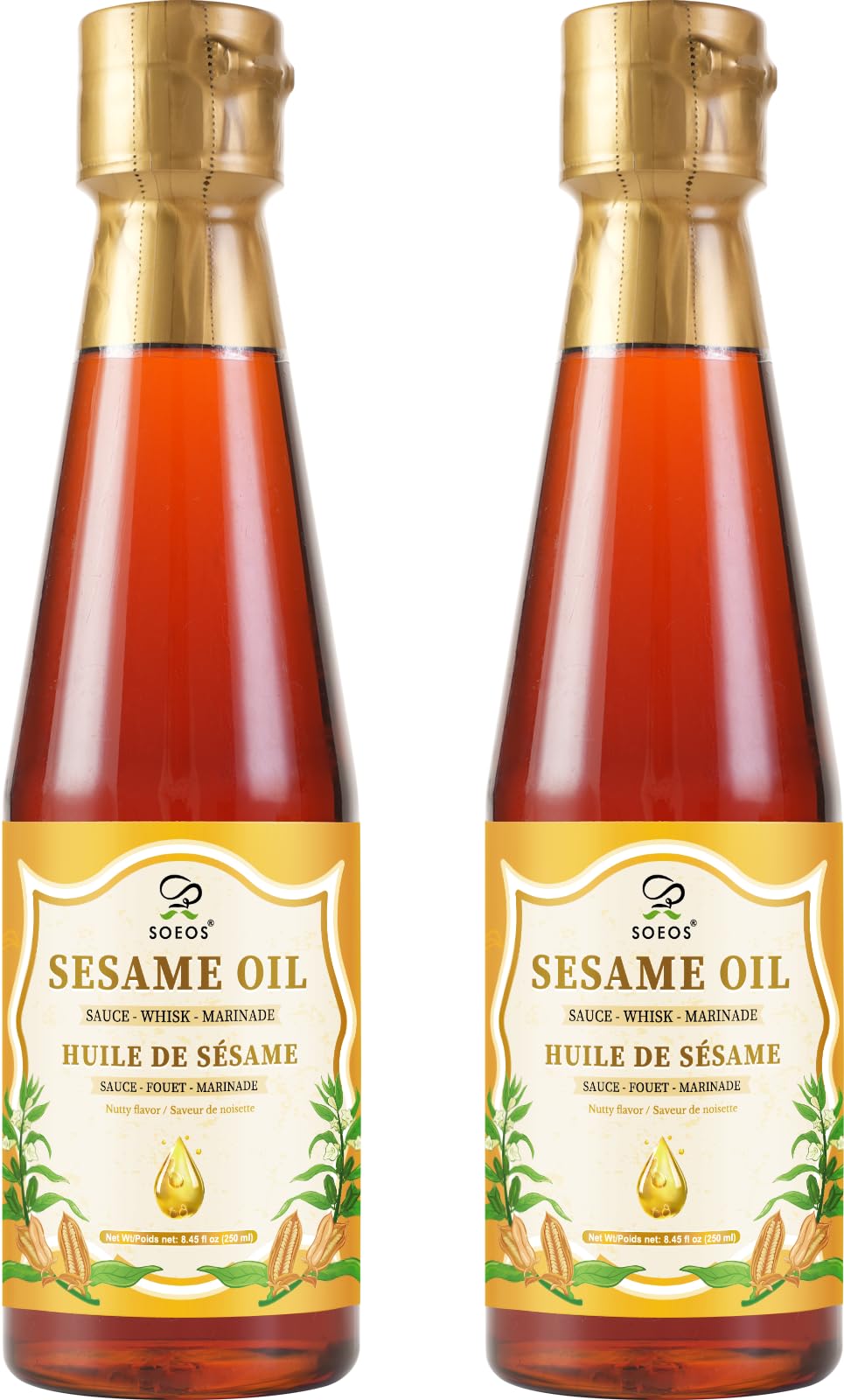 Soeos Sesame Oil, Toasted Sesame Seed Oil, 8.45 Fl Oz (250 ml) Pack of 2, Total 500 ml, Nutty Flavor, Perfect for Asian Food, No