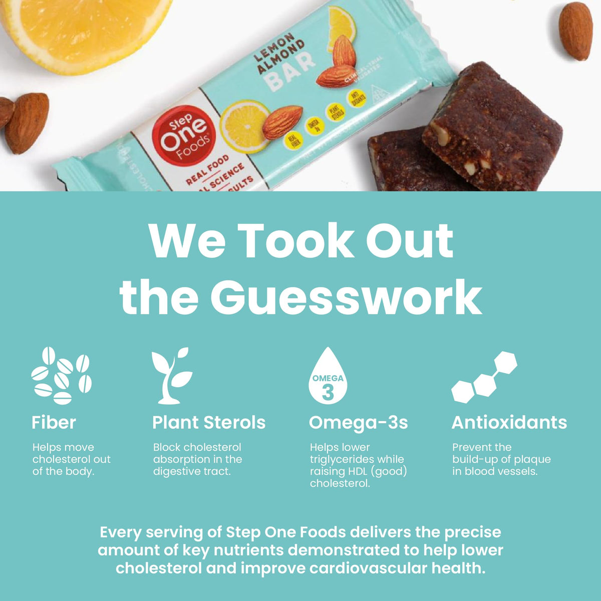 Step One Foods Lemon Almond Bar, Heart Healthy Snack Plant Sterols, Omega 3S High Fiber Snack Gluten & Dairy Free, Vegan, Zero Sodium, Granola Bars (12 Pack)