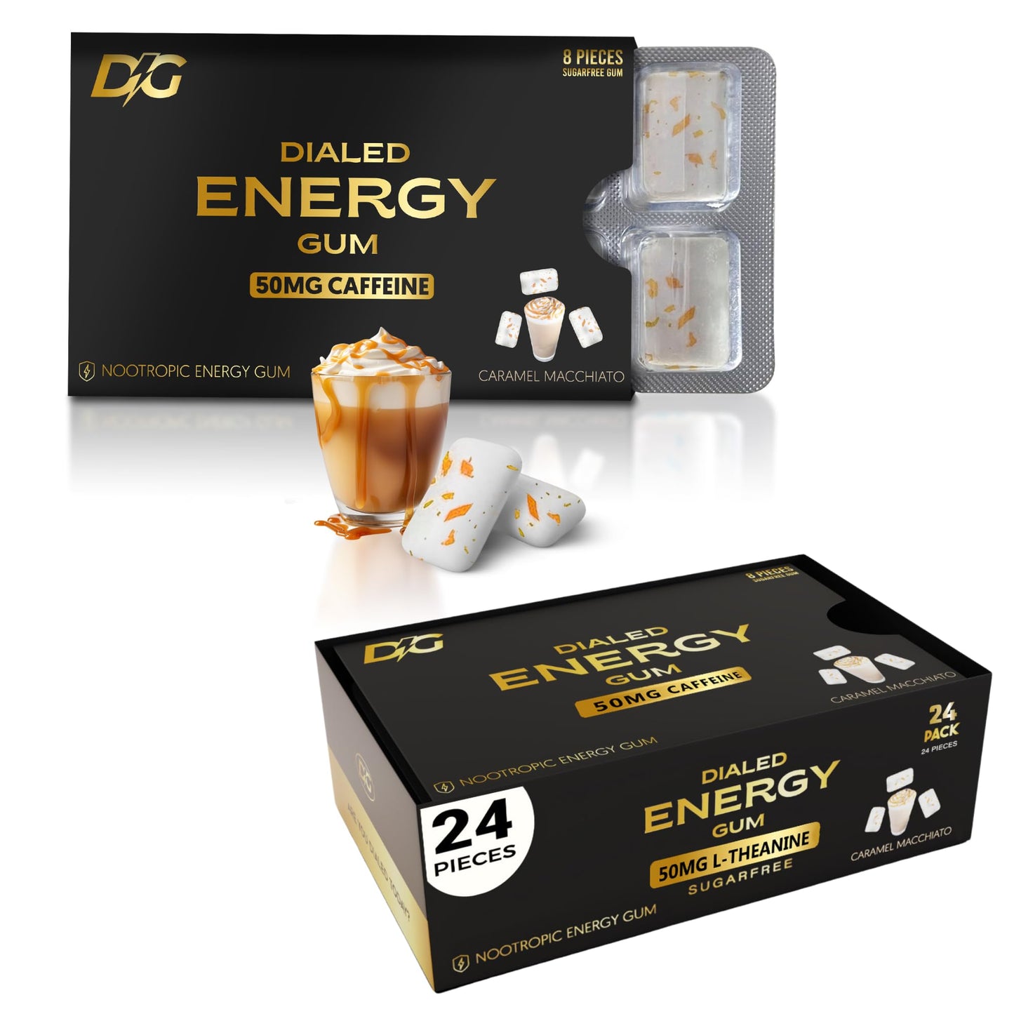Dialed Gum Energy Caffeine Gum, 50mg Caffeine, Sugar Free, Aspartame Free, 24 Pieces, Caramel Macchiato Flavor