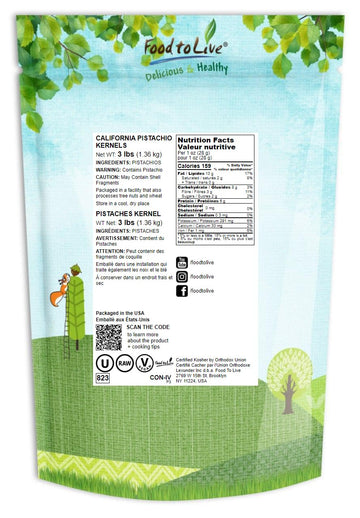 Food To Live No Shell Pistachios, 3 Pounds – Unsalted, Kernels, Sirtfood, Bulk. Pistachios Individual Packs. Wonderful Keto And Paleo Snack