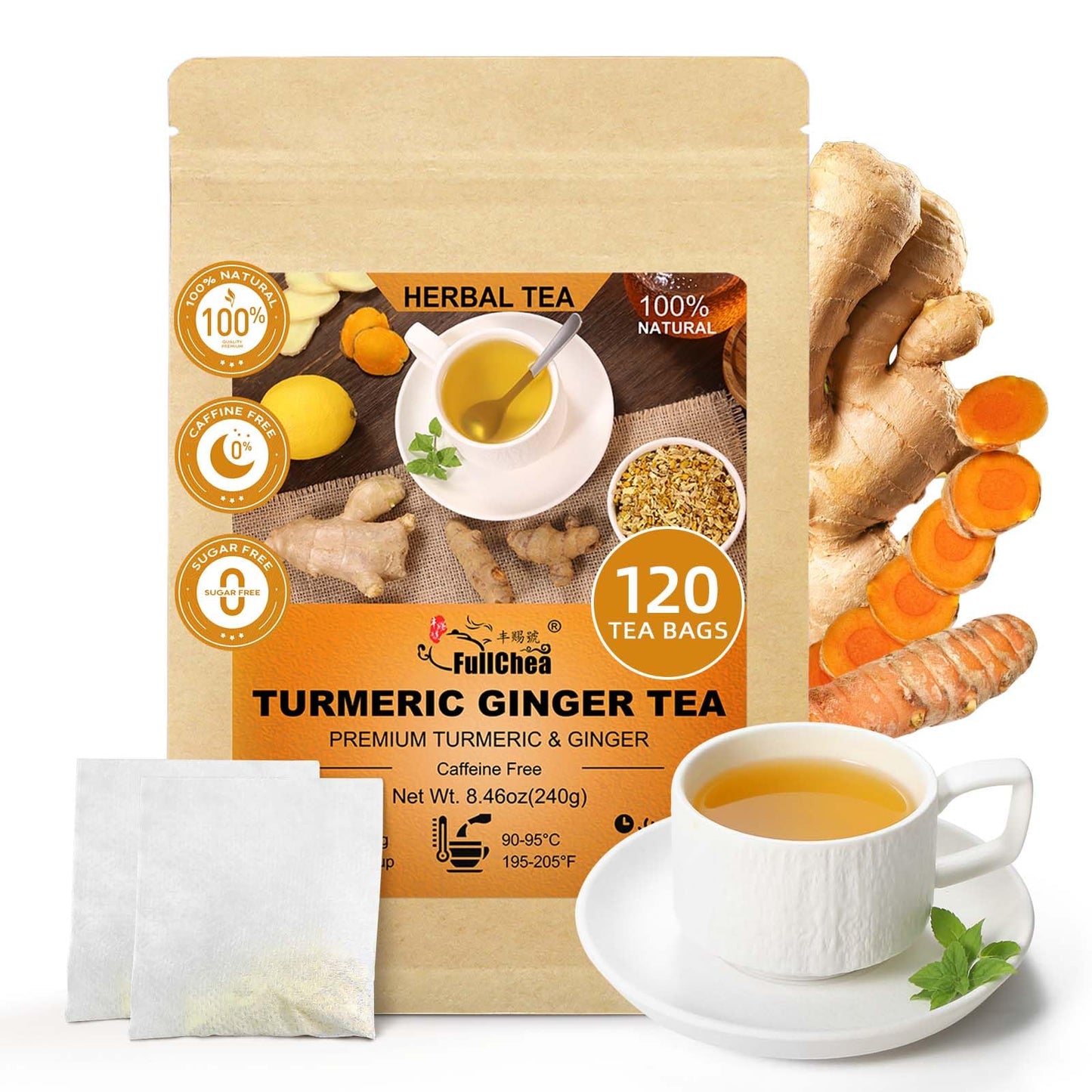 Fullchea - Turmeric Flavor Blendger Tea Bags  2G?120 Count - Top-Grade Flavor Blendger & Turmeric - Non-Gmo - Energy Blend-Free - Aid Digestion & Provide Antioxidants