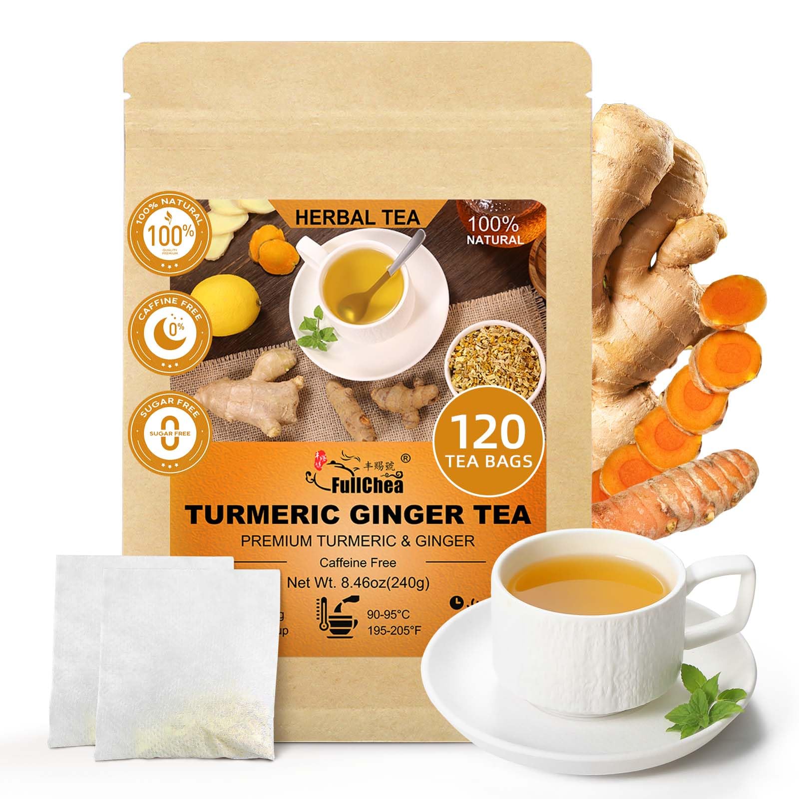 Fullchea - Turmeric Flavor Blendger Tea Bags  2G?120 Count - Top-Grade Flavor Blendger & Turmeric - Non-Gmo - Energy Blend-Free - Aid Digestion & Provide Antioxidants