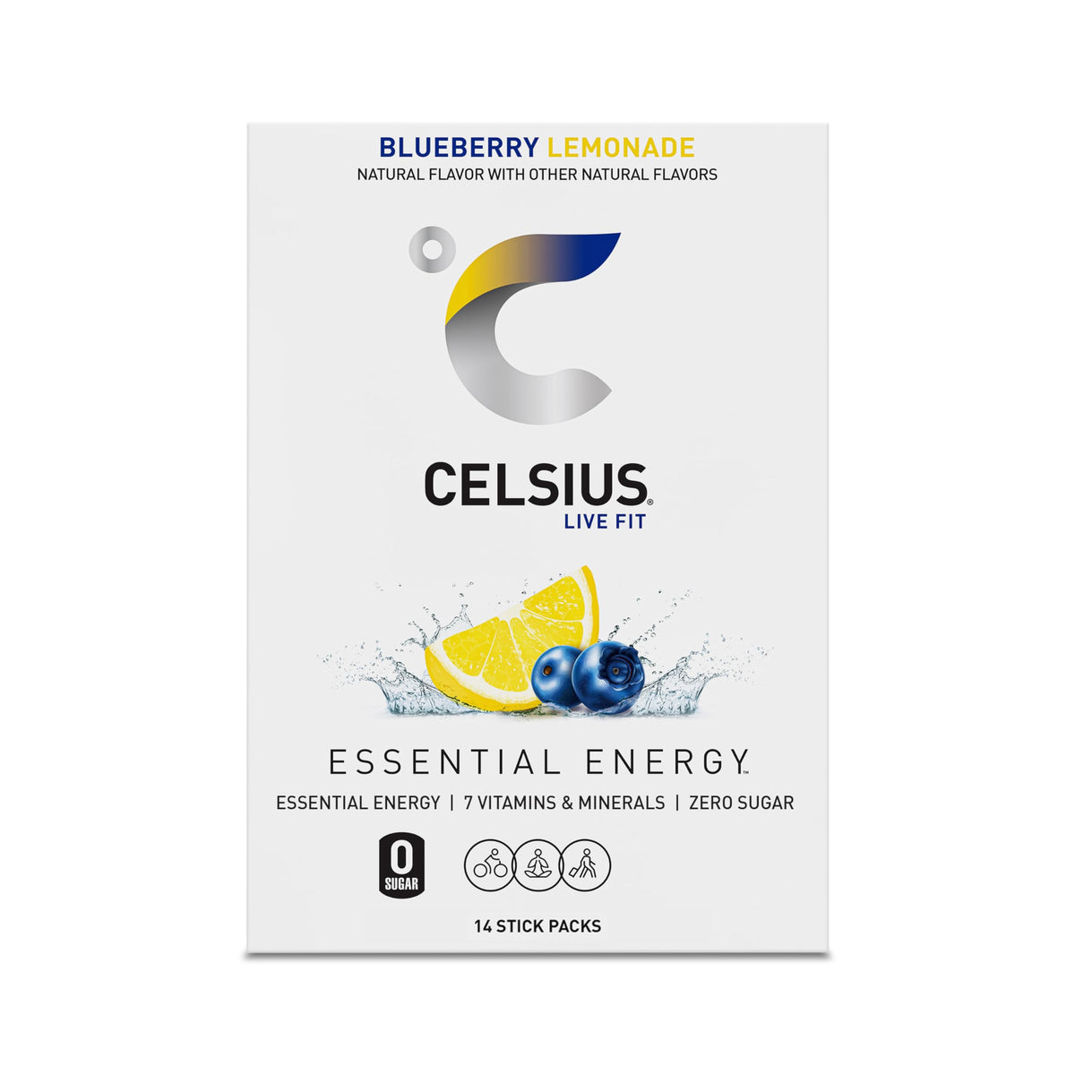 CELSIUS On-the-Go Powder Sticks Blueberry Lemonade, 14 Count, Essential Energy, 2.6 Oz per Pack