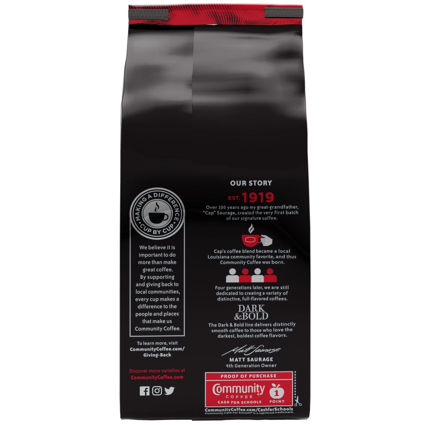 Community Coffee Dark & Bold Espresso Blend, Dark Roast Whole Bean Coffee, 11 Ounce Bag, Pack of 6