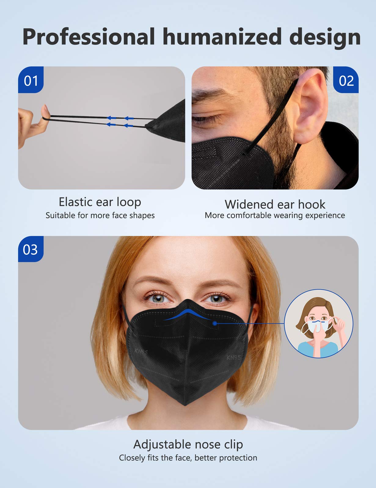 Boncare Kn95 Face Masks, Black Kn95 Masks 60 Pack, 5-Layer Face Masks