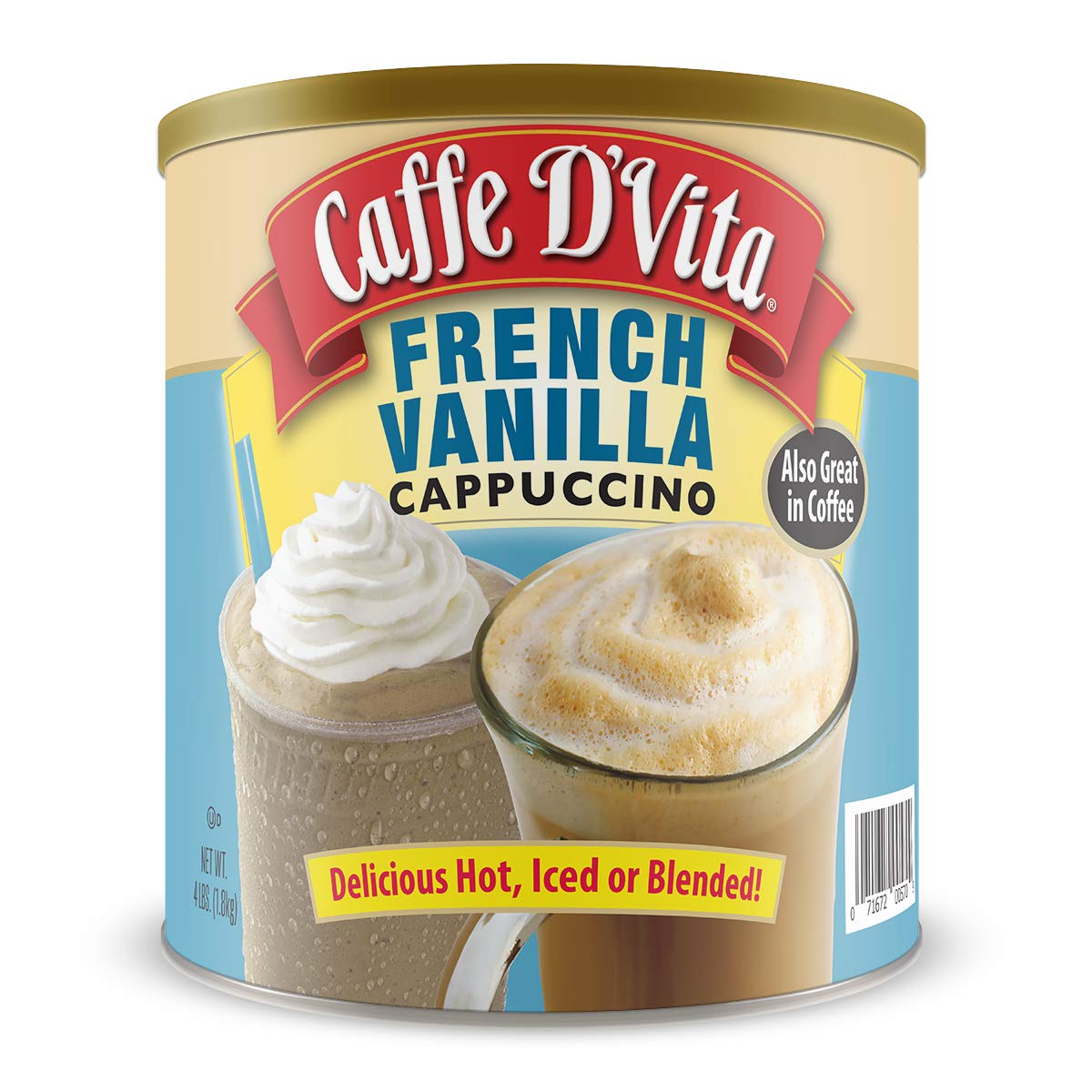 Caffe DVita French Vanilla Cappuccino Mix - Instant Vanilla Cappuccino Coffee Mix, Gluten Free, No Cholesterol, 99% Caffeine Free - 4 lb. Can