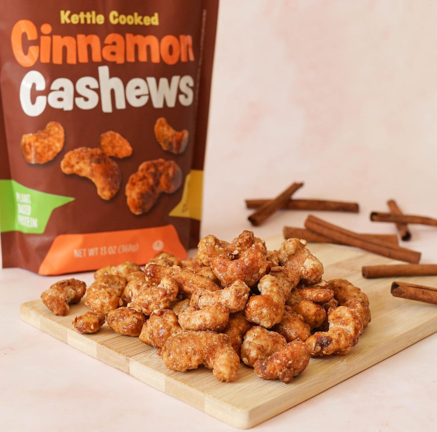 Platinum Kettle Cooked Cinnamon Cashews - Plant Based Protein - 13 oz Resealable Pouch