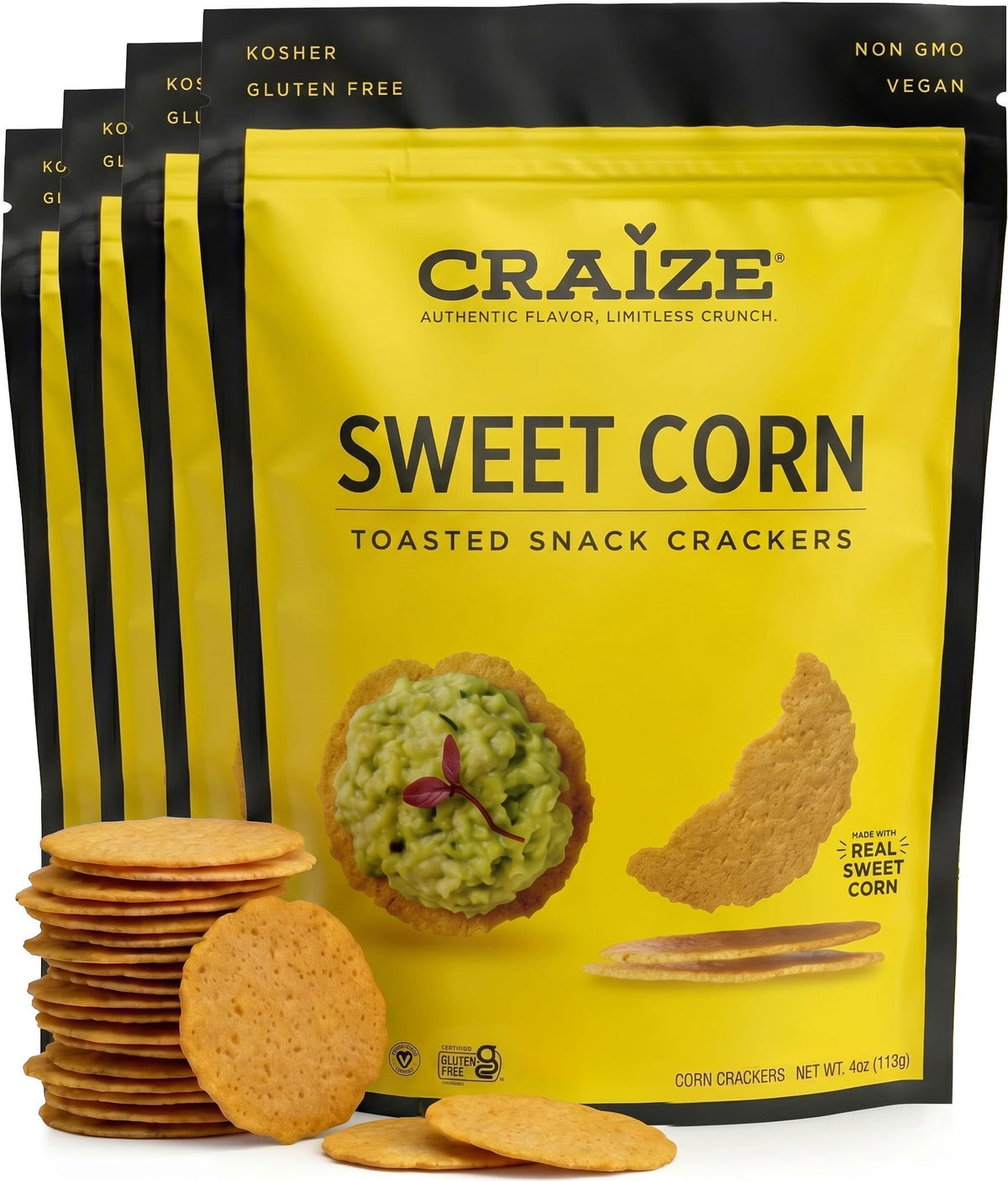 Craize Sweet Corn Crisps | Gluten Free, Vegan, Kosher, Toasted Corn Crackers | 4 pack, 4 oz each