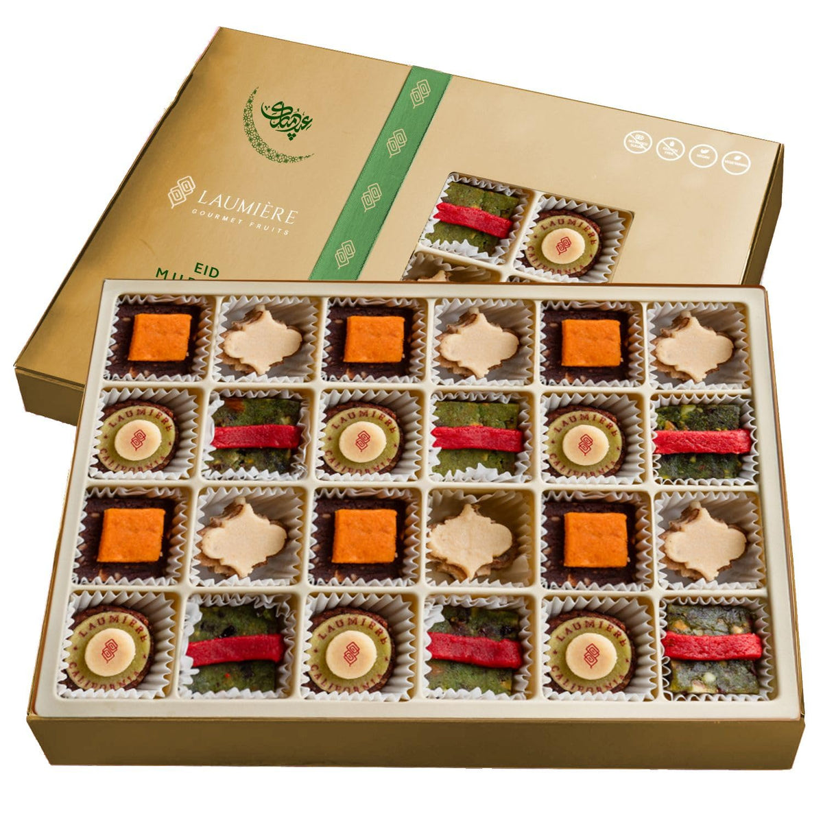 Laumiere Gourmet Fruits - Noor Eid Misbah Collection - Includes Natural Green Aventurine Misbah - Dried Fruits and Nuts Basket -