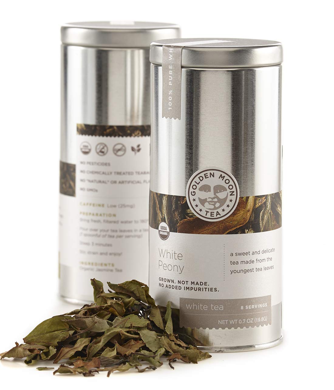 Golden Moon Tea Organic White Peony Loose Leaf Tea - 0.7 Ounce Travel Tin - Non-GMO, Chinese Bai Mudan Leaves