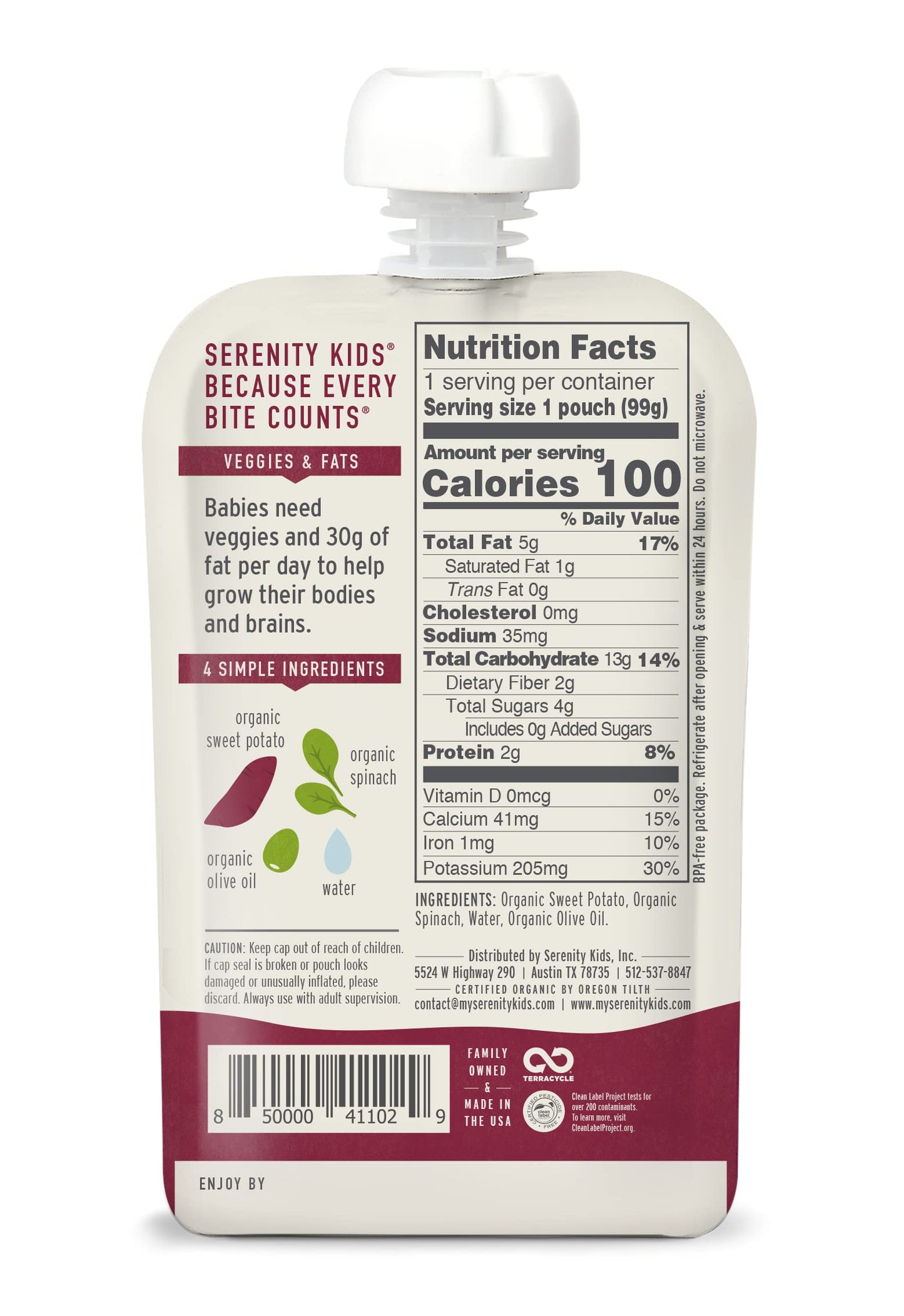 Serenity Kids 6+ Months Usda Organic Veggie Puree Baby Food Pouches - No Added Sugar Or Fruit & Bpa-Free & Allergen-Free - Sweet Potato & Spinach Baby Snacks - 3.5 Oz, 12 Pack