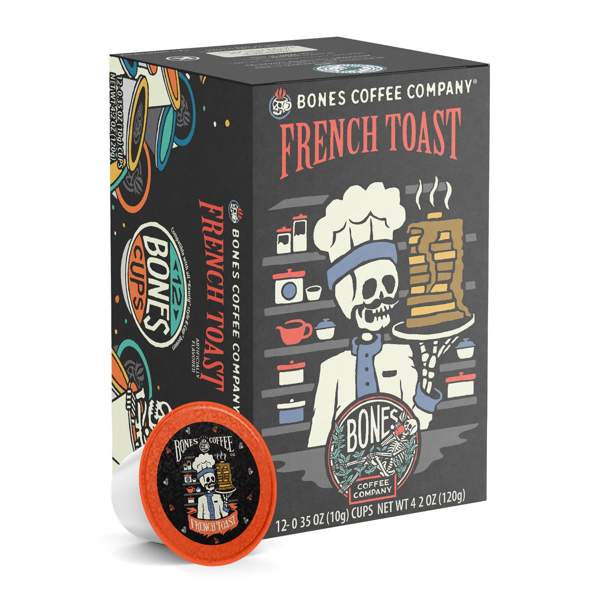 Bones Coffee Company Flavored Coffee Bones Cups French Toast | 12Ct Single-Serve Coffee Pods Compatible With 1.0 & 2.0 Keurig Coffee Maker | Sweet Buttery Flavor Aroma