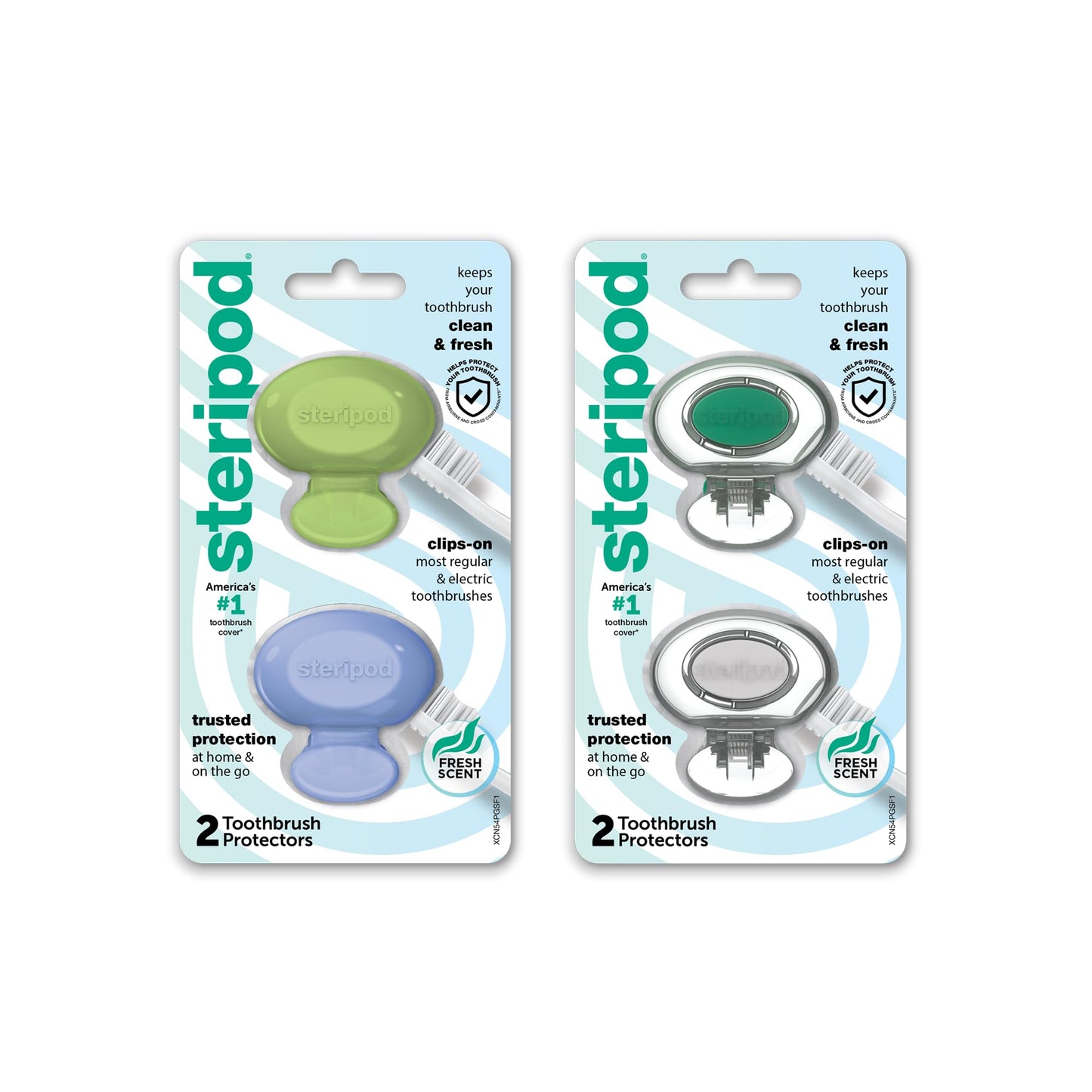 Steripod Clip-On Toothbrush Protector, Keeps Toothbrush Fresh And Clean, Fits Most Manual And Electric Toothbrushes, Blue, Green