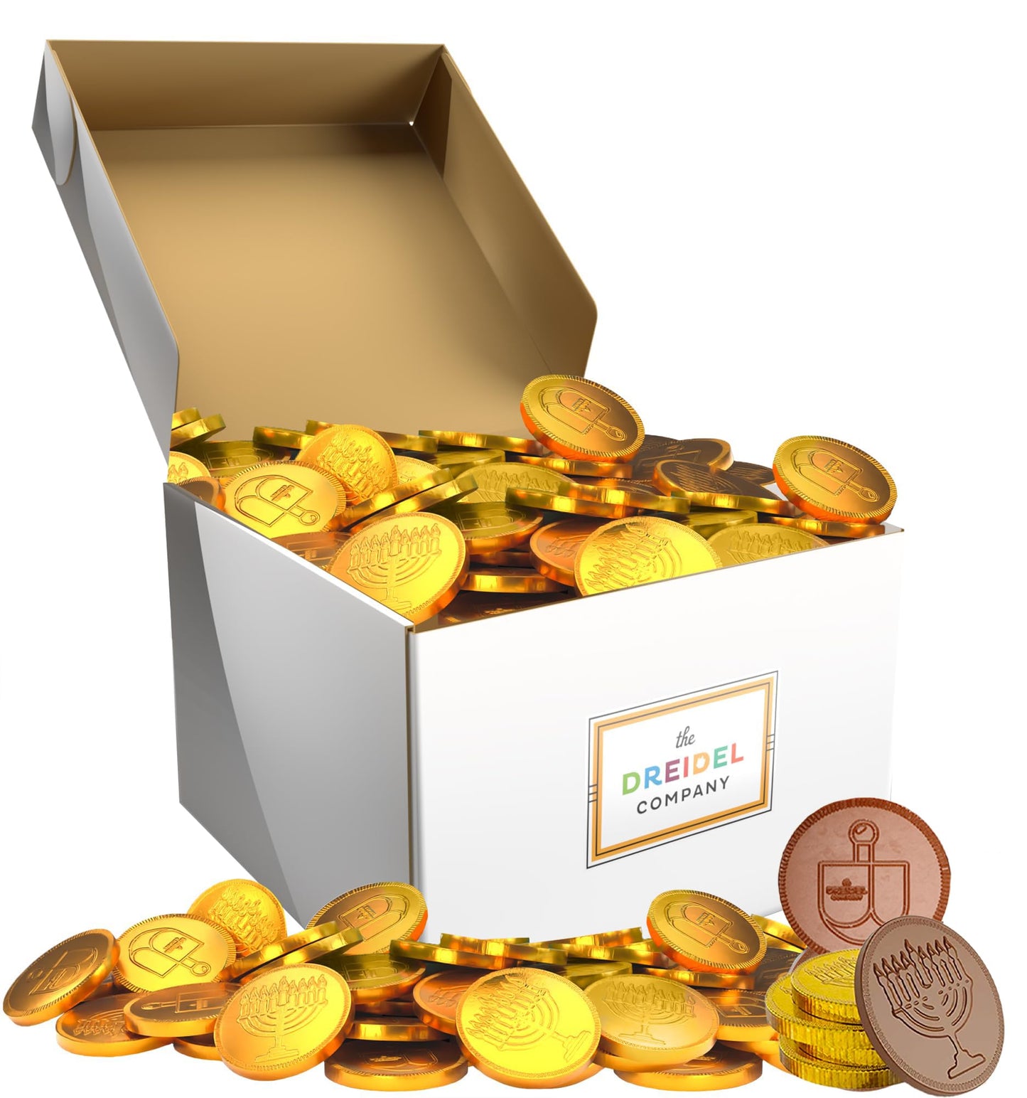 The Dreidel Company 500-Pack Oriflavor Blendal Milk Gold Hanukkah Menorah And Dreidel Design Chocolate Coins - Nut Free - Made With Top-Grade Belgian Chocolate - Gluten Free - Non Gmo - Kosher Certified